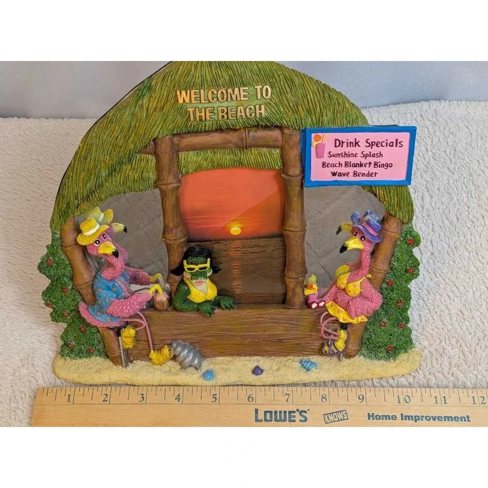 Tropical Flamingo‎ & Frog Tiki Hut Beach Scene Picture Frame Desk Decor